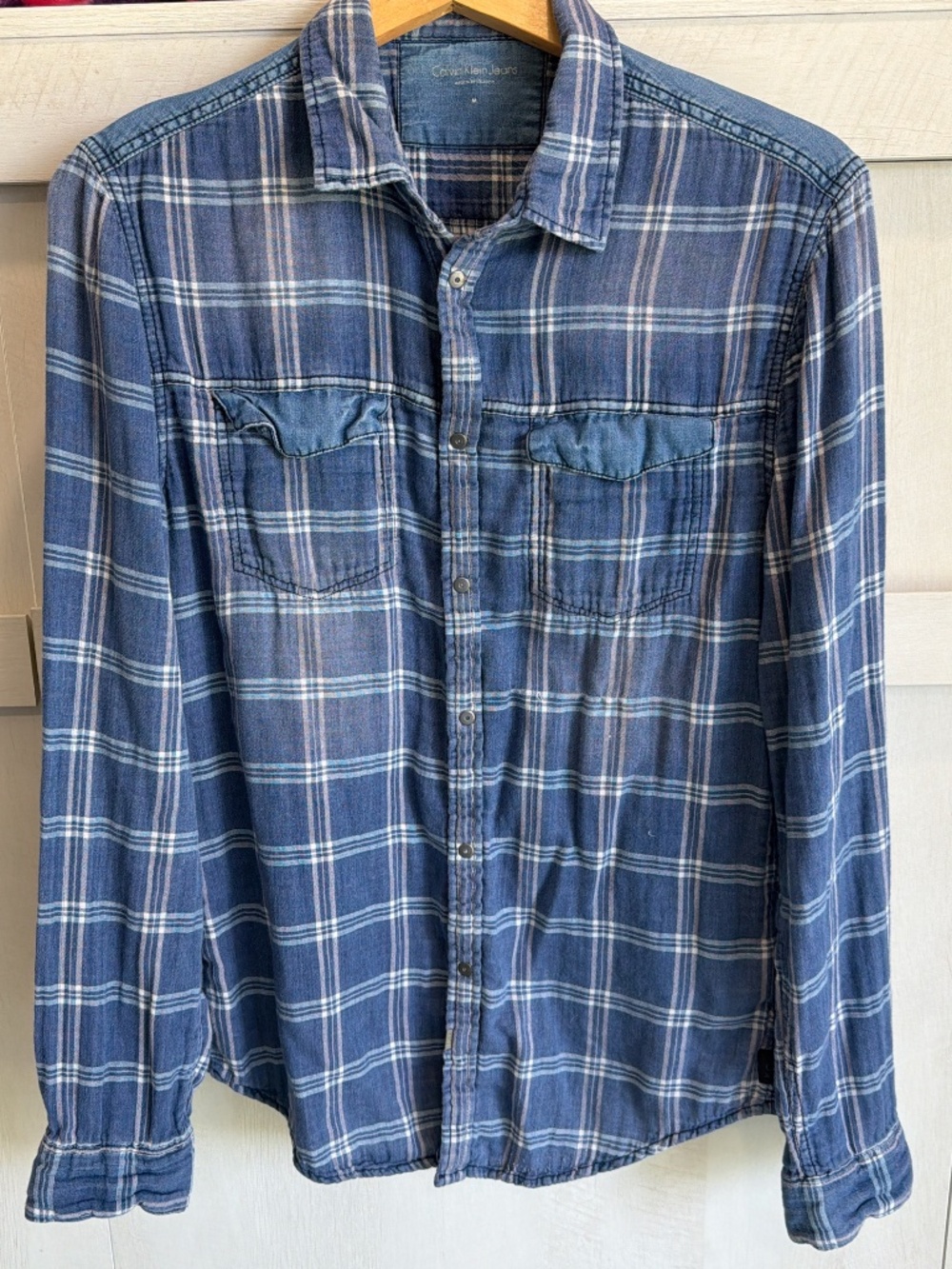 Blue and White Vintage Calvin Klein Jeans Blue Plaid Button-up Shirt
